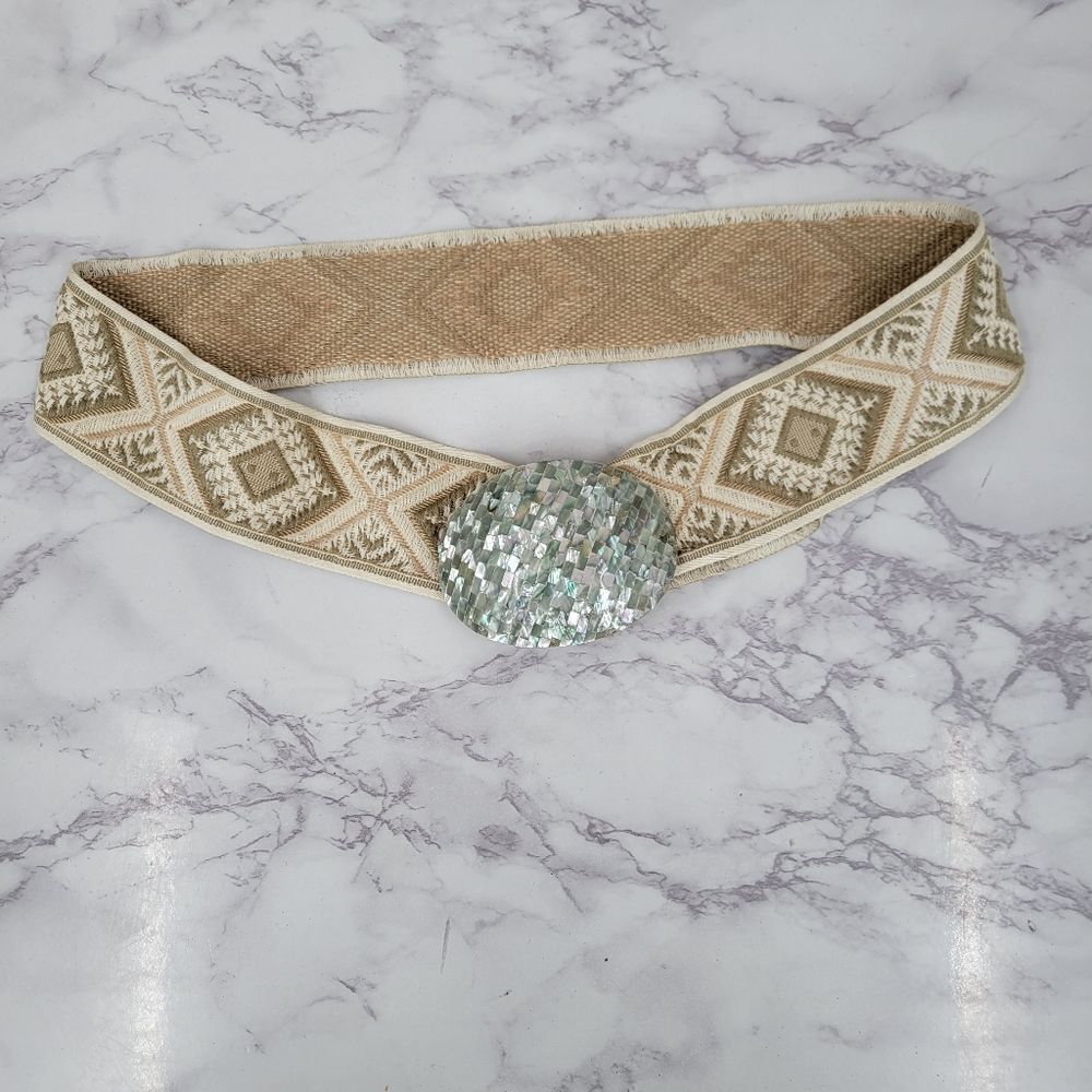 Vintage Tapestry Belt with MOP Mother of Pearl Mosaic Buckle